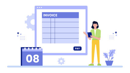 Woman reviewing an online invoice on her tablet. Suitable for financial, accounting, technology, ecommerce, digital payment, and digital marketing concepts.