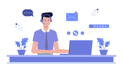 Customer service agent works at desk using laptop. Suitable for business websites, customer service blogs, call center promotions.