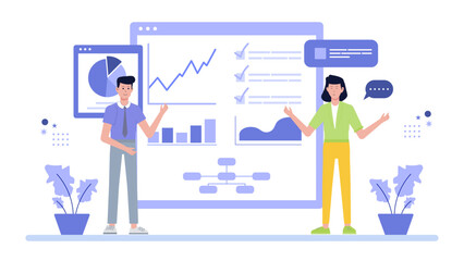 Two people showcasing charts and graphs in a digital presentation. Ideal for business presentations, reports, meetings, marketing materials, educational content.