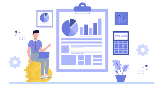 Man sits on coins analyzing financial data. Finance analyst creating monthly budget overview