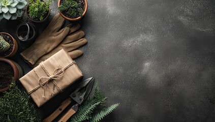 Flatlay of gardening tools, succulents, and a wrapped gift on a dark surface, leaving ample space