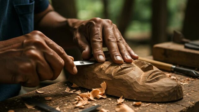 Close up of artisan hands carving traditional wooden mask with chisel tool