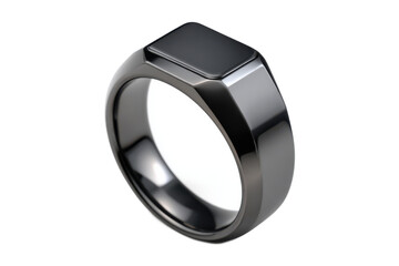 Modern black signet ring with a polished square face isolated on transparent background