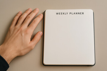 Naklejka premium Minimalist weekly planner with blank pages, human hand touching notebook on neutral background, organization and productivity concept