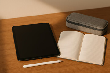 Digital tablet, open notebook, stylus pen, and fabric pencil case on wooden desk in morning sunlight, workspace organization concept