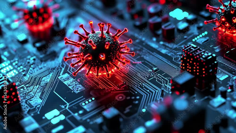 Poster Explore the intricate patterns of circuitry illuminated by vibrant red structures, Showcase the intricate patterns and structures of a computer virus attacking a database
