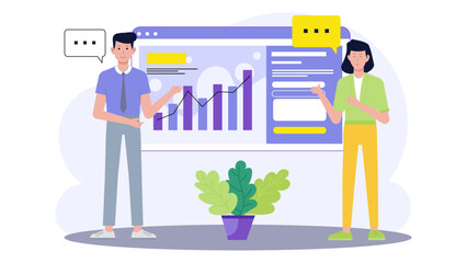 Two people explaining business graph, suitable for presentations, reports, articles, and marketing materials in a professional setting.