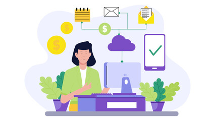 Woman at computer managing online finances, suitable for financial technology blogs, online banking websites, business coaching materials, and tech presentations.