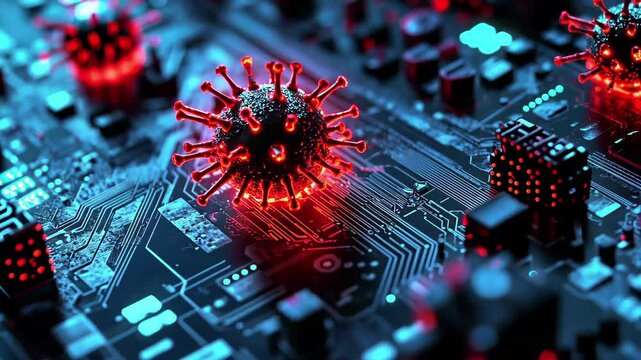 Explore the intricate patterns of circuitry illuminated by vibrant red structures, Showcase the intricate patterns and structures of a computer virus attacking a database