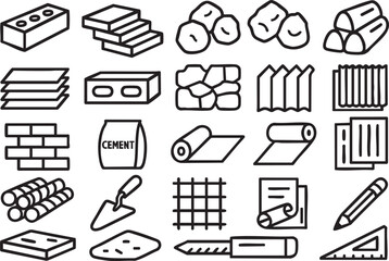 Collection of line icons depicting various construction materials, including bricks, stones, cement, wood, and metal mesh, alongside tools and blueprints