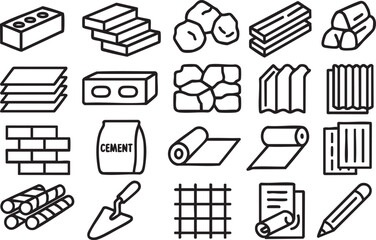 Collection of line icons depicting various construction materials, including bricks, wood, cement, and metal sheets, ideal for architectural or engineering 