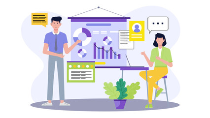 Two people engaging in a professional discussion with charts in the background, ideal for business presentations or reports.