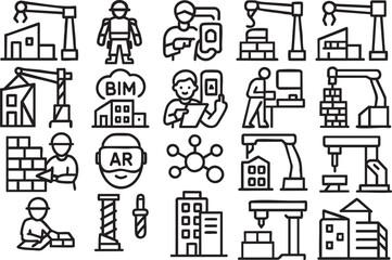 Collection of line icons depicting various stages of construction, engineering, and building processes, including workers, tools, and machinery, suitable for industrial