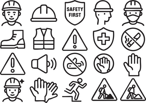 Safety icons set, including construction worker, helmet, safety vest, warning signs, and hand signals, ideal for construction sites, industrial settings, and safety manuals