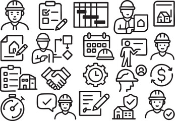 Collection of line icons depicting construction project management, including workers, schedules, checklists, and building plans, ideal for business and industry websites and applications.