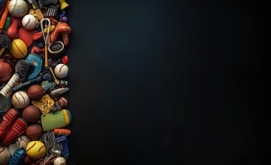 Sports equipment collection on dark background