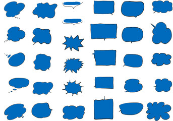 青の可愛い吹き出しセット・クレヨンの線画の手描き