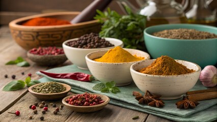 Top-down of colorful spices in bowls on rustic table culinary stock favorite.stock image, cooking and food preparation