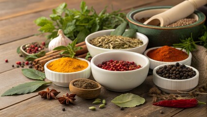 Top-down of colorful spices in bowls on rustic table culinary stock favorite.stock image, cooking and food preparation