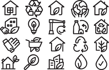 Collection of line icons representing eco-friendly construction, recycling, and sustainable living, perfect for websites and applications promoting green initiatives and environmental responsibility.