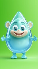 Obraz premium A 3D character resembling a monkey-shaped baby water droplet , ultra-realistic crystal-clear body, smooth and rounded, reflecting light naturally, playful tiny arms and legs, adorable monkey face