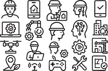 Collection of line icons depicting construction, technology, engineering, and smart home automation, ideal for websites, apps, and presentations related to building and innovation.