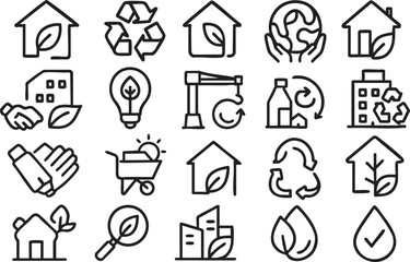 Collection of line icons representing eco-friendly construction, recycling, and sustainable building practices, ideal for websites and applications promoting green initiatives.
