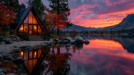 Obraz premium Cozy A-Frame Cabin by the Lake at Sunset