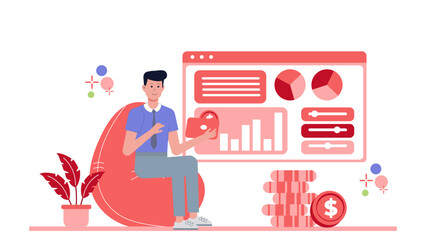 Man analyzing financial data with a locked wallet; suitable for financial management, budgeting, fraud prevention, and personal finance concepts.