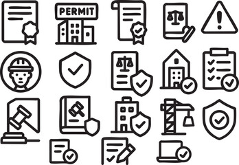 A collection of line icons related to construction, permits, legal documents, and building safety regulations, ideal for websites or apps needing a professional and consistent visual style.