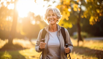 Energetic Senior Walker with Nordic Poles Enjoying a Sunny Day in the Park, Smiling Confidently While Embracing Nature and Outdoor Fitness Adventures