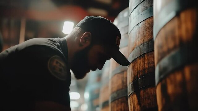 A man in a distillery carefully inspects aging barrels, concentrating on the maturation process of the beverage, which is crucial to achieving the desired flavor profile.