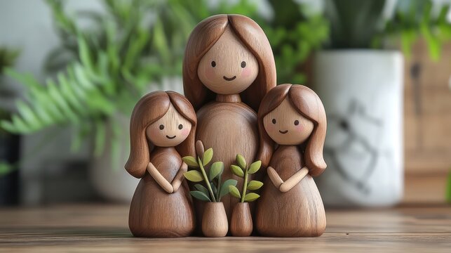 Wooden figurine of a mother and two daughters - Powered by Adobe