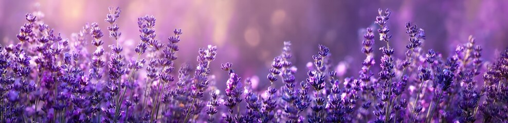 Soft-focus panorama of a lavender field at sunset, showcasing delicate purple blooms against a blurred, bokeh-filled background