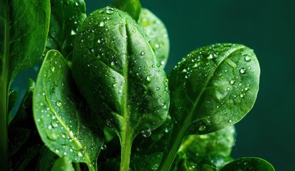 Fresh spinach close-up with drops. For healthy recipes, diet blogs, nutrition