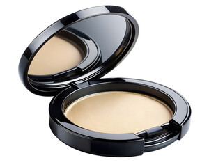 A black makeup powder compact with mirror isolated on transparent background