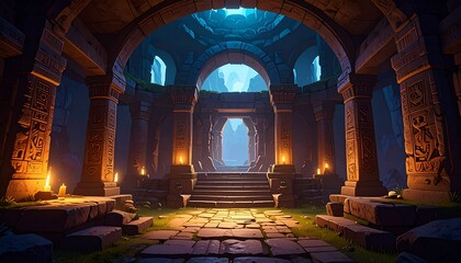Obraz premium Ancient Temple Pathway: A Digital Painting of a Mystical Stone Structure