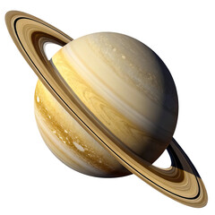 Realistic Saturn with golden rings and cloudy texture, high-resolution 3D sphere, isolated on transparent background