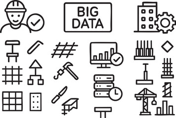 Collection of line icons related to construction, engineering, big data, and building projects, ideal for websites and applications needing a modern and clean aesthetic.
