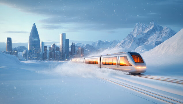 Futuristic train traveling through snowy terrain with a modern city in background