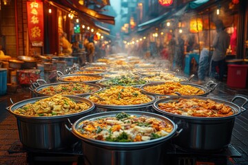 Fototapeta premium Fine Dining Experience Amidst Bustling Street Food Vendors