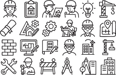 Collection of line icons related to construction, engineering, and architecture, ideal for websites, apps, and presentations, featuring various tools, buildings, and professionals.