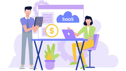 Two coworkers collaborating on a SaaS project, strategizing and earning money together. Suitable for business, teamwork, technology concepts.