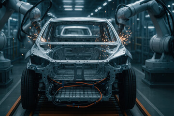 Robotic arms work on an unfinished electric car chassis in a high tech automobile manufacturing plant with sparks flying during assembly