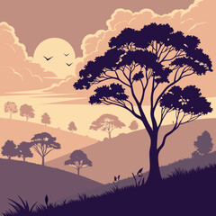 Naklejka premium Scenic Sunset Landscape with Silhouetted Trees Vector Illustration