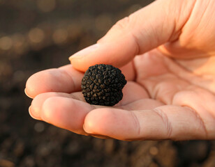 A hand delicately holds a black truffle, showcasing its textured surface against a blurred background.