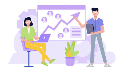 Two coworkers analyzing and discussing a business graph, suitable for illustrating teamwork, progress, collaboration, and business growth concepts.