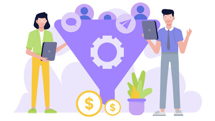 Sales funnel graphic featuring two people and coins, ideal for illustrating the concept of lead generation and conversion in marketing materials.