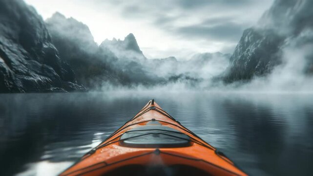 Orange kayak misty lake mountain landscape foggy weather calm water outdoor adventure nature exploration watercraft serene environment cloudy sky peaceful mysterious atmosphere perfect for nature