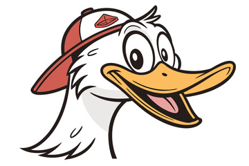 Cheerful duck cartoon head wearing a baseball cap is smiling broadly at the viewer